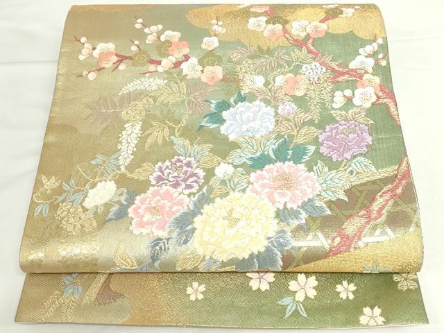 平和屋本店▼六通柄袋帯　唐織　四季垣根花図　本金箔　正絹　逸品　DABH0439op