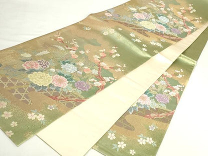 平和屋本店▼六通柄袋帯　唐織　四季垣根花図　本金箔　正絹　逸品　DABH0439op