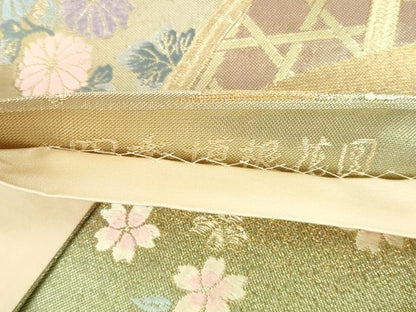 平和屋本店▼六通柄袋帯　唐織　四季垣根花図　本金箔　正絹　逸品　DABH0439op