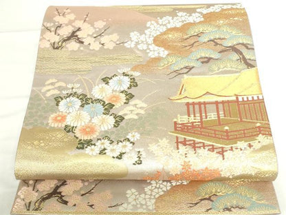 平和屋本店▼六通柄袋帯　唐織　風景花文　本金箔　正絹　逸品　DABH0445op