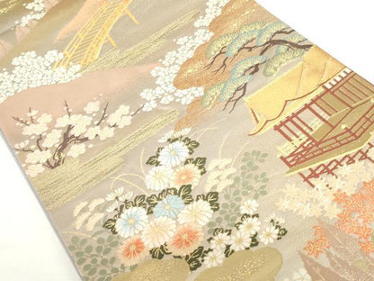 平和屋本店▼六通柄袋帯　唐織　風景花文　本金箔　正絹　逸品　DABH0445op