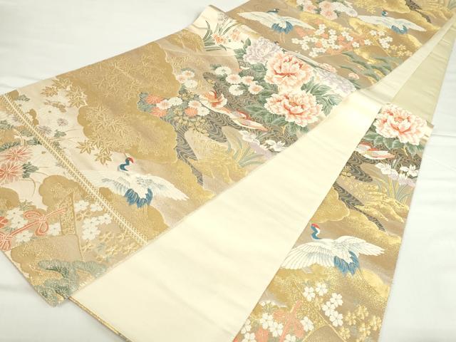 平和屋本店▼六通柄袋帯　唐織　飛鶴鴛鴦花文　本金箔　正絹　逸品　DABH0451op
