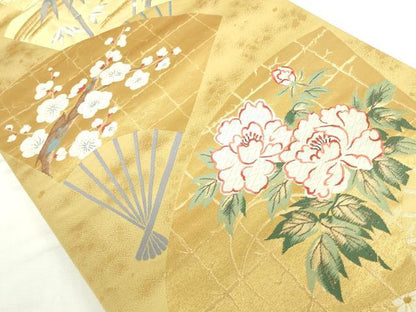 平和屋本店▼六通柄袋帯　唐織　招宴舞扇　本金箔二重箔　正絹　逸品　DABH0452op