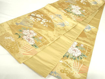 平和屋本店▼六通柄袋帯　唐織　招宴舞扇　本金箔二重箔　正絹　逸品　DABH0452op
