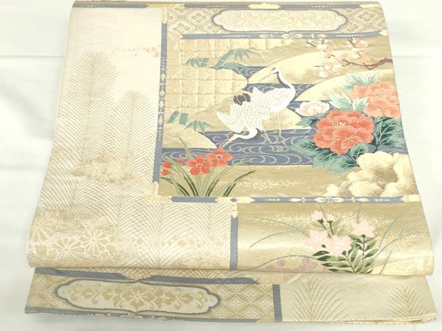 平和屋本店▼六通柄袋帯　唐織　鶴　風景花文　琳派純金箔24K　正絹　逸品　DABH0455op