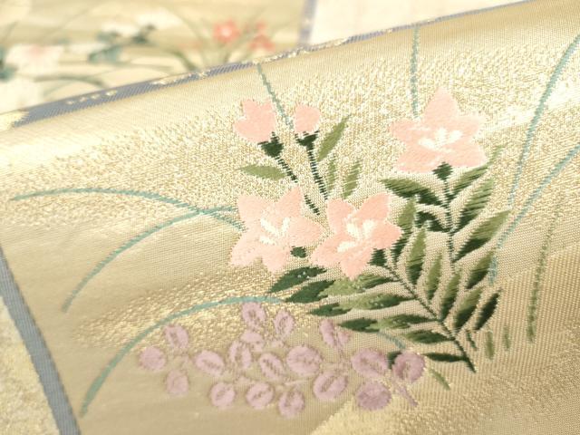 平和屋本店▼六通柄袋帯　唐織　鶴　風景花文　琳派純金箔24K　正絹　逸品　DABH0455op