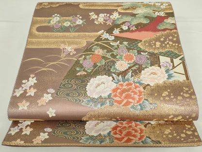 平和屋本店▼六通柄袋帯　唐織　地紙花松文　本金箔　正絹　逸品　DABH0457op