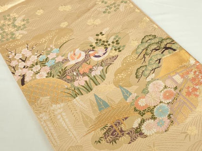 平和屋本店▼六通柄袋帯　唐織　鴛鴦風景花松文　本金箔　正絹　逸品　DABH0458op