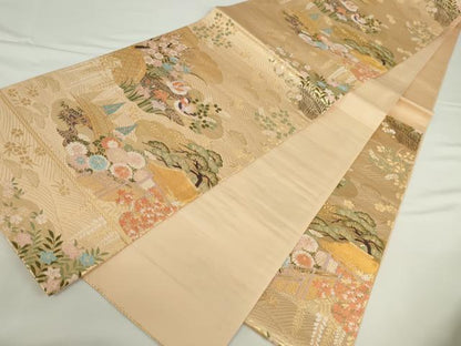 平和屋本店▼六通柄袋帯　唐織　鴛鴦風景花松文　本金箔　正絹　逸品　DABH0458op