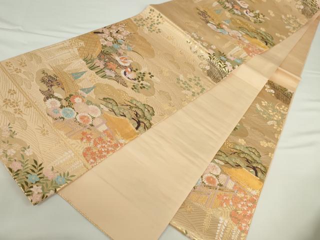 平和屋本店▼六通柄袋帯　唐織　鴛鴦風景花松文　本金箔　正絹　逸品　DABH0458op