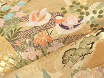 平和屋本店▼六通柄袋帯　唐織　鴛鴦風景花松文　本金箔　正絹　逸品　DABH0458op
