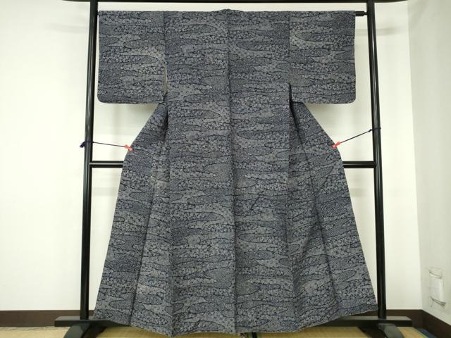 平和屋着物■上質な小紋　紬地　藍　流水花文　正絹　逸品　DABH0494op