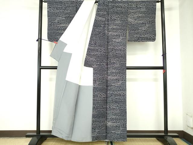 平和屋着物■上質な小紋　紬地　藍　流水花文　正絹　逸品　DABH0494op