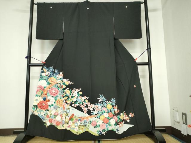 平和屋着物■豪華黒留袖　作家物　尾長鳥花文　正絹　逸品　DABH0507op