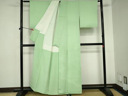 平和屋着物■豪華色留袖　牡丹　流水花地紋　若緑色　正絹　逸品　DABH0508op