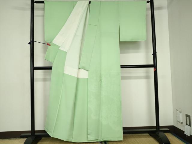 平和屋着物■豪華色留袖　牡丹　流水花地紋　若緑色　正絹　逸品　DABH0508op