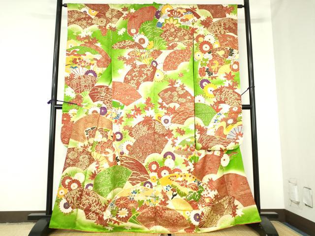 平和屋着物▼豪華振袖　駒刺繍　牡丹　地紙花文　暈し染め　金彩　金通し地　正絹　逸品　DABH0548op