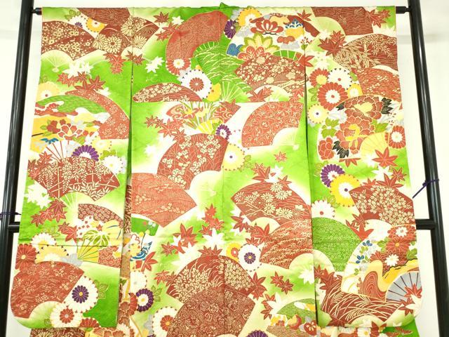 平和屋着物▼豪華振袖　駒刺繍　牡丹　地紙花文　暈し染め　金彩　金通し地　正絹　逸品　DABH0548op