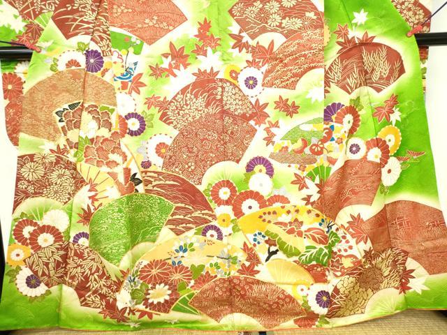 平和屋着物▼豪華振袖　駒刺繍　牡丹　地紙花文　暈し染め　金彩　金通し地　正絹　逸品　DABH0548op
