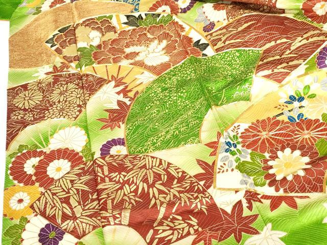 平和屋着物▼豪華振袖　駒刺繍　牡丹　地紙花文　暈し染め　金彩　金通し地　正絹　逸品　DABH0548op