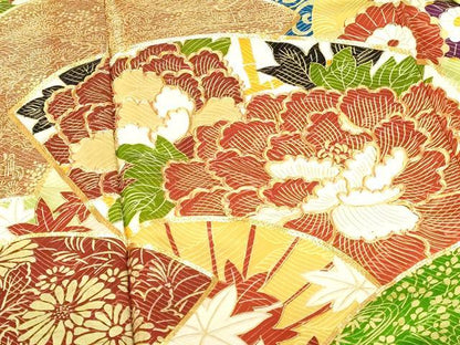 平和屋着物▼豪華振袖　駒刺繍　牡丹　地紙花文　暈し染め　金彩　金通し地　正絹　逸品　DABH0548op