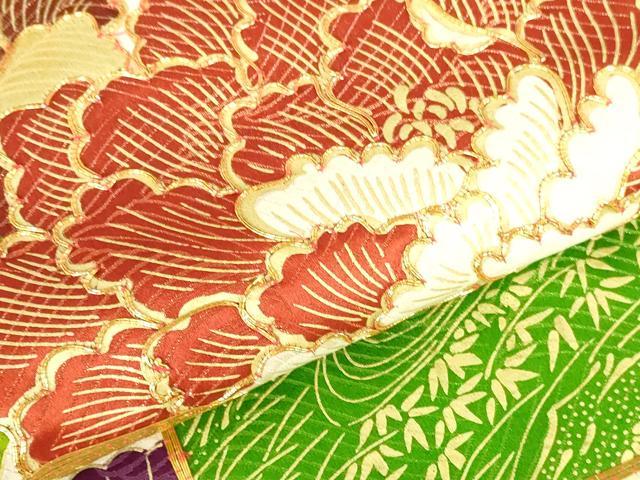 平和屋着物▼豪華振袖　駒刺繍　牡丹　地紙花文　暈し染め　金彩　金通し地　正絹　逸品　DABH0548op
