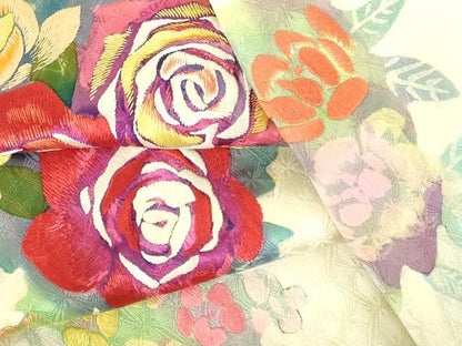 平和屋着物▼訪問着　刺繍　薔薇　バラ　正絹　逸品　DABH0564op