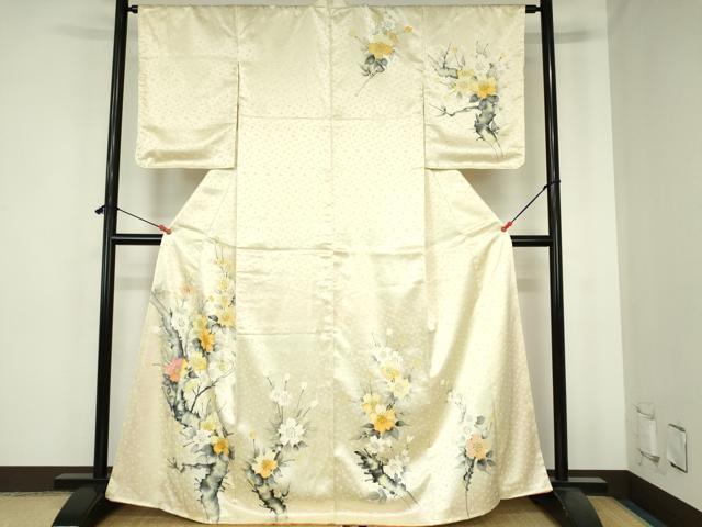 平和屋着物▼訪問着　手描き　草花　正絹　逸品　DABH0565op