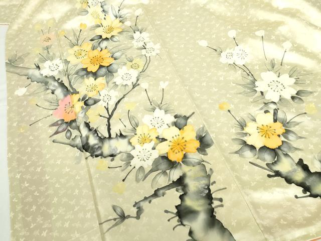 平和屋着物▼訪問着　手描き　草花　正絹　逸品　DABH0565op