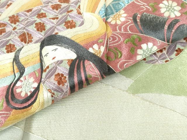 平和屋着物▼訪問着　総刺繍　平安人物花文　正絹　逸品　DABH0566op