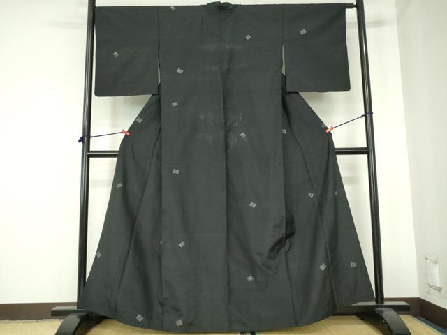 平和屋着物▽上質な紬　単衣　源氏香　黒地　正絹　逸品　DABH0572op