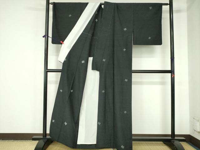 平和屋着物▽上質な紬　単衣　源氏香　黒地　正絹　逸品　DABH0572op