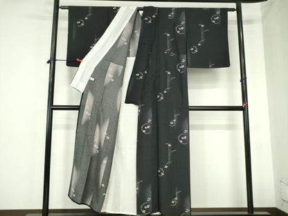 平和屋着物▽上質な小紋　単衣　舞花　松葉文　黒地　正絹　逸品　DABH0576op