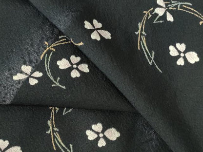 平和屋着物▽上質な小紋　単衣　舞花　松葉文　黒地　正絹　逸品　DABH0576op