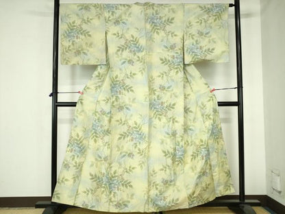 平和屋着物▽上質な紬　単衣　草花　正絹　逸品　DABH0578op