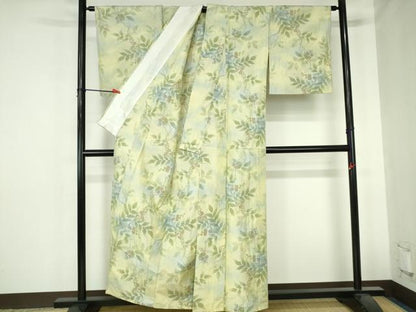 平和屋着物▽上質な紬　単衣　草花　正絹　逸品　DABH0578op