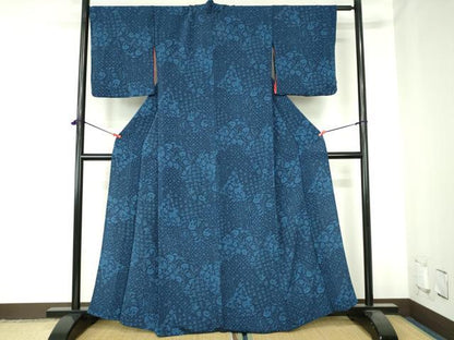 平和屋着物▽本藍　型絵染　小紋　単衣　切嵌更紗花文　鬼しぼ縮緬　正絹　逸品　DABH0579op