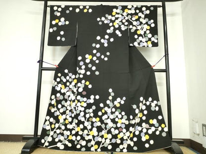 平和屋着物●訪問着　刺繍　枝花　黒地　銀彩　正絹　逸品　DABH0581op