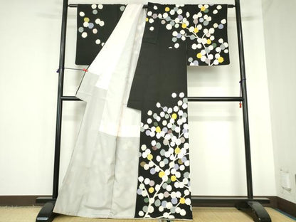 平和屋着物●訪問着　刺繍　枝花　黒地　銀彩　正絹　逸品　DABH0581op