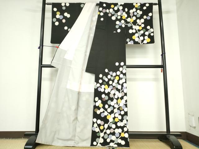 平和屋着物●訪問着　刺繍　枝花　黒地　銀彩　正絹　逸品　DABH0581op