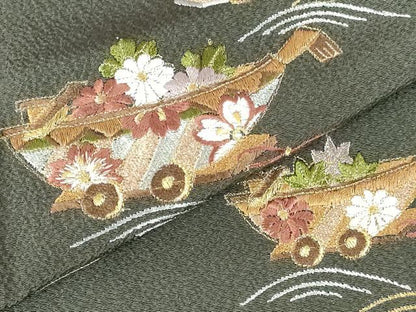 平和屋着物●訪問着　総刺繍　舞桜　花舟文　金糸　正絹　逸品　未使用　DABH0589op