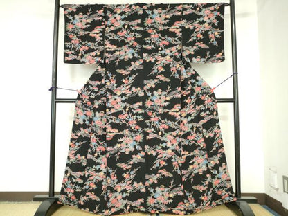 平和屋着物●上質な小紋　型染　牡丹　松竹梅　黒地　鬼しぼ縮緬　正絹　逸品　DABH0591op