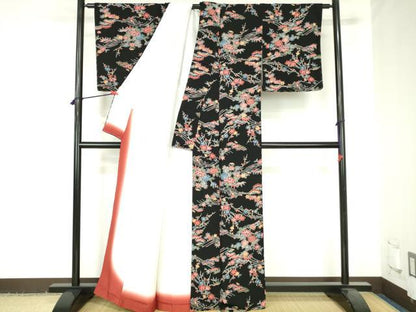 平和屋着物●上質な小紋　型染　牡丹　松竹梅　黒地　鬼しぼ縮緬　正絹　逸品　DABH0591op