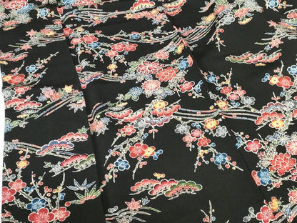 平和屋着物●上質な小紋　型染　牡丹　松竹梅　黒地　鬼しぼ縮緬　正絹　逸品　DABH0591op