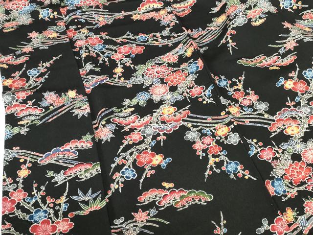 平和屋着物●上質な小紋　型染　牡丹　松竹梅　黒地　鬼しぼ縮緬　正絹　逸品　DABH0591op