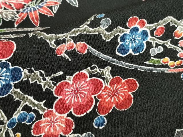 平和屋着物●上質な小紋　型染　牡丹　松竹梅　黒地　鬼しぼ縮緬　正絹　逸品　DABH0591op