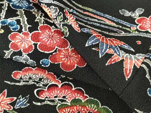平和屋着物●上質な小紋　型染　牡丹　松竹梅　黒地　鬼しぼ縮緬　正絹　逸品　DABH0591op