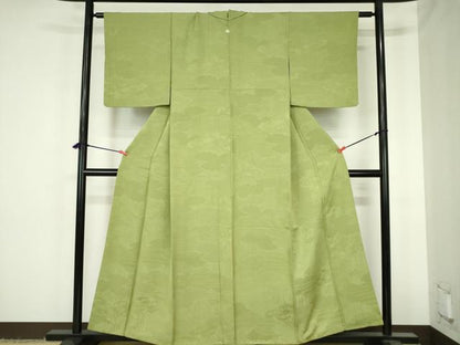 平和屋着物●上質な色無地　雲取風景地紋　若菜色　正絹　逸品　DABH0598op