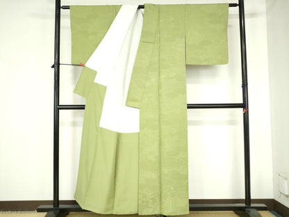 平和屋着物●上質な色無地　雲取風景地紋　若菜色　正絹　逸品　DABH0598op
