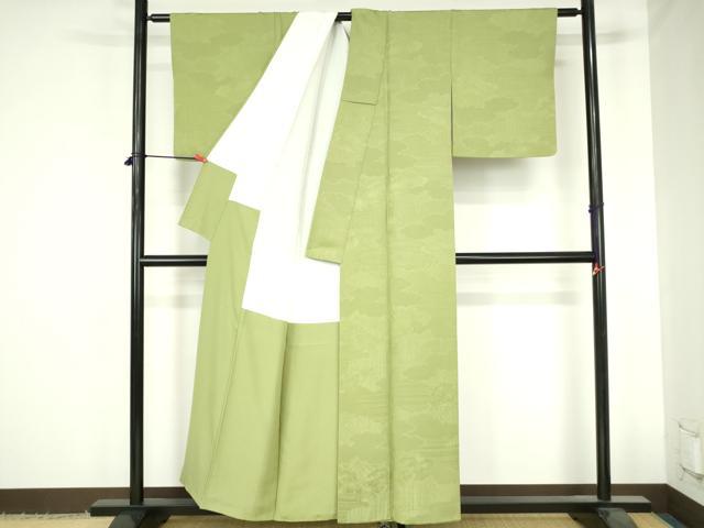平和屋着物●上質な色無地　雲取風景地紋　若菜色　正絹　逸品　DABH0598op